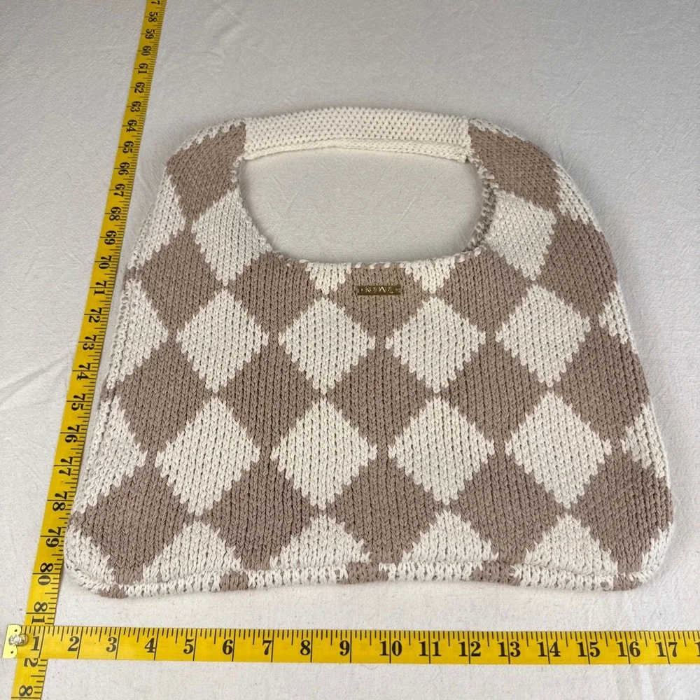 Kopari Tote Bag Women OS Tan Cream Boho Limited Edition Checkered Knit Diamond